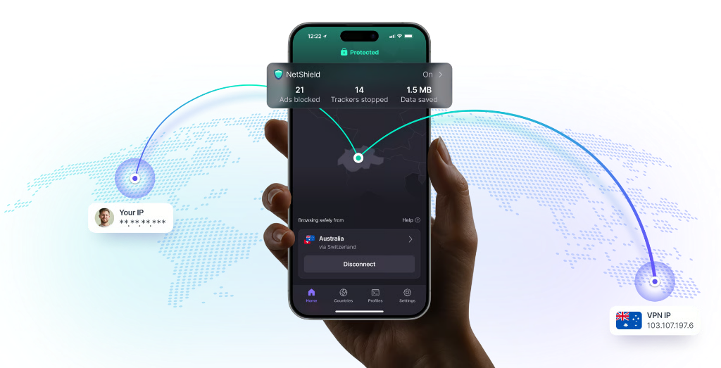 Proton VPN 手机界面，显示已保护状态、NetShield 与出口地区